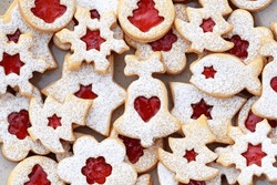Various Shapes Of Linzer Cookies Close Up. Christmas Baking