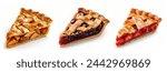 Various slices of fruit pies, set. apple pie, cherry pie, strawberry pie. Different flavors of pie pastries isolated on white background.  