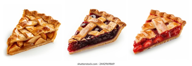 Various slices of fruit pies, set. apple pie, cherry pie, strawberry pie. Different flavors of pie pastries isolated on white background.   - Powered by Shutterstock