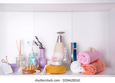 Various Spa And Beauty Threatment Products On White Shelf