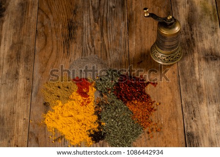 various spices and hand mill