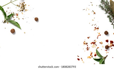 Various spices and herbs on a white background top view. Free space for text. Food background, ingredients for cooking. - Shutterstock ID 1808283793