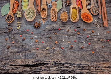 Various of spices and herbs in wooden spoons. Flat lay of spices ingredients chilli ,pepper corn, garlic, thyme, oregano, cinnamon, star anise, nutmeg, mace, ginger and bay leaves on shabby wooden. - Powered by Shutterstock