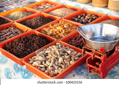 Various Of Spices At Market In Varkala, Kerala, India