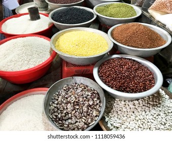 Various spices and seasoning in bags at traditional street market. Spices background. Vietnamese spices. Street market in Vietnam, Asia. Asian food