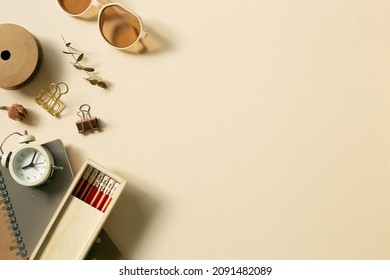 Various stationery, school office supplies on beige background. workspace. flat lay, top view, copy space - Powered by Shutterstock
