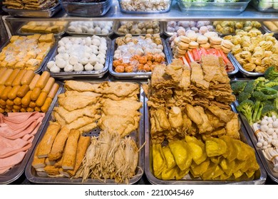 Various Steamboat Ready To Cook Ingredient Display In Hawker Stall. 