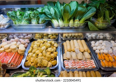 Various Steamboat Ready To Cook Ingredient Display In Hawker Stall. 