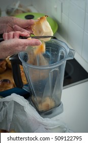 Various Steps Of A Home Cook Making Apple Sauce In A Blender