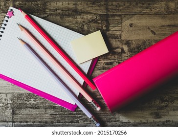 Various Supplies For Office Work, Pencil, Diary On A Wooden Work Bench
