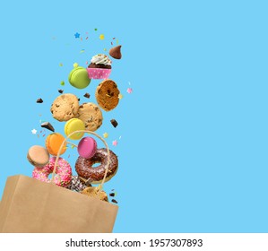 Various Sweets, Confectionery Concept Background, Banner. Copy Space.