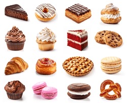 Various Of Sweets And Desserts Set And Collection. Chocolate Cake, Cupcakes, Red Velvet Cake, Apple Pie, Macarons, Pretzel, Donut, Pastries, Muffin, Cookies, Croissant. Bakery Sweets Isolated On White