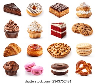 Various of sweets and desserts set and collection. chocolate cake, cupcakes, red velvet cake, apple pie, macarons, pretzel, donut, pastries, muffin, cookies, croissant. Bakery sweets isolated on white