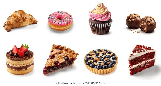 Various of sweets and desserts set and collection. croissant, donut, cup cake, Choco balls, cake, pie, blueberry tart, red velvet cake. Bakery sweets isolated on white - Powered by Shutterstock