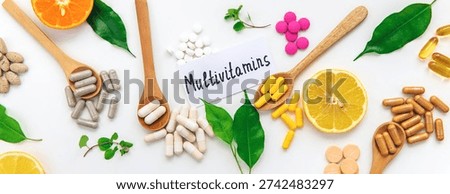 Various tablets and capsules, supplements and vitamins. Selective focus. nature.