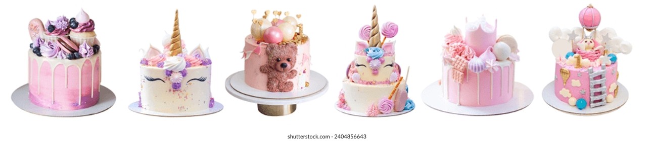 Various tender pink cakes isolated on white background. Cakes with teddy bear, bunny, edible flowers, unicorn, marshmallow, meringue