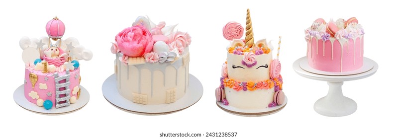 Various tender pink cakes isolated on white background. Cakes with bunny, edible flowers, unicorn, marshmallow, meringues, close up, png