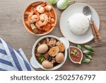 Various of thai foods , thai food set on wooden table, top view food table