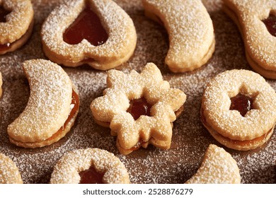 Various traditonal Linzer Christmas cookies filled with strawberry jam and dusted with sugar, close up - Powered by Shutterstock