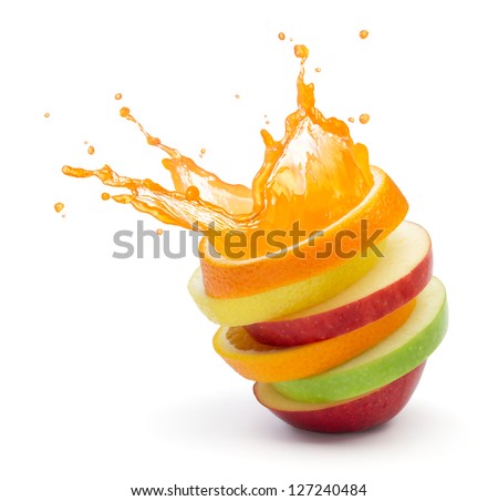 various type of fruit slices stacked with splash, fruit punch concept