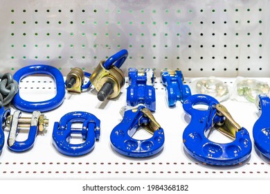 Various Type Of Metal Or Steel Lifting Hook Chain And Accessories Such As Master Link Shackle Screw Pin Hammerlock Connector For Hoist Crane In Industrial Place Or Store On Shelf