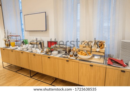 Various types of bread on buffet breakfast table