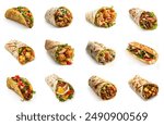 Various types of burrito wraps and shawarma and tacos set, collection. Fast foods snacks menu collection. Traditional shawarma, chicken tortilla wrap, meat taco, egg wrap, burrito, subway sandwich. 