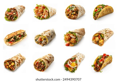 Various types of burrito wraps and shawarma and tacos set, collection. Fast foods snacks menu collection. Traditional shawarma, chicken tortilla wrap, meat taco, egg wrap, burrito, subway sandwich.