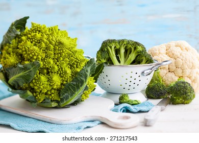 Various types of cabbage: romanesco, broccoli and cauliflower