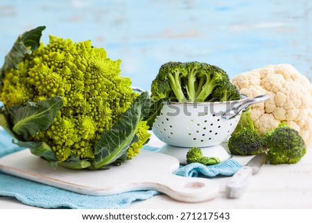 Various types of cabbage: romanesco, broccoli and cauliflower