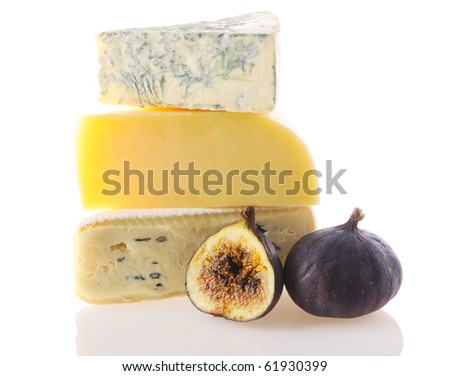 Various types of cheese isolated on white background and figs - mold and parmesan