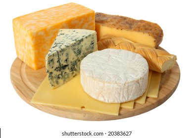 Various Types Of Cheese On Wooden Platter, Isolated On White Background