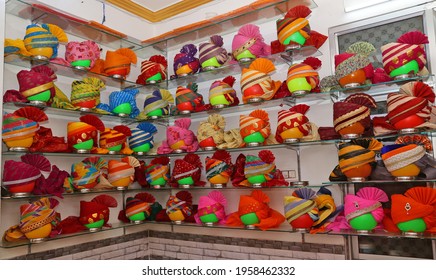 Various Types Of Colorful Turbans On Display For Sale During Wedding Season In Beawar, Rajasthan, India. Photo: Sumit Saraswat