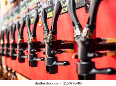 Various Types Of Craft Beer Tap Are Served In The Beer Store Or Bar