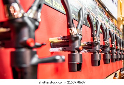 Various Types Of Craft Beer Tap Are Served In The Beer Store Or Bar