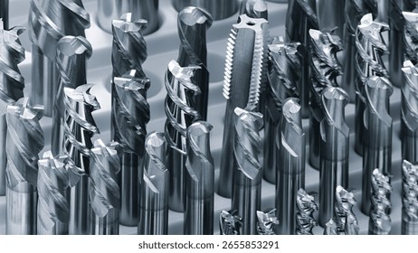 various types of drill bitsmilling cutter . display is organized and bits are arranged in a way that makes it easy to see the differences between them.