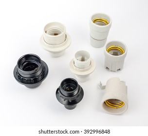 Various Types Electric Cartridge For Light Bulbs. Variety Of Sockets Isolated On White Background.