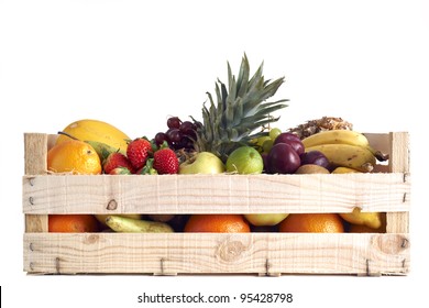 Various types of fruit stored in wooden box on white background - Powered by Shutterstock