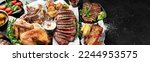 Various types of healthy cooked meat - beef, pork, chicken on a dark background with vegetables and salad. Top view. Panorama with copy space.