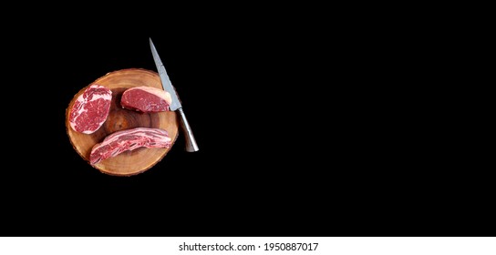 Various Types Of Special Meat Cuts On Black Background. Banner Style Photo