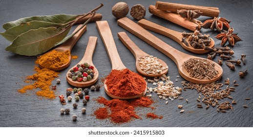 Various types of spices on wooden spoons on a gray stone table, great food background for your projects. - Powered by Shutterstock