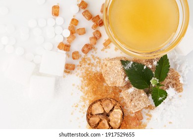 Various Types Of Sugar -  Brown, White, Crystal, Powdered And Cane Sugar, Artificial Sweetener, Monk Fruit And Honey In Bowl. 