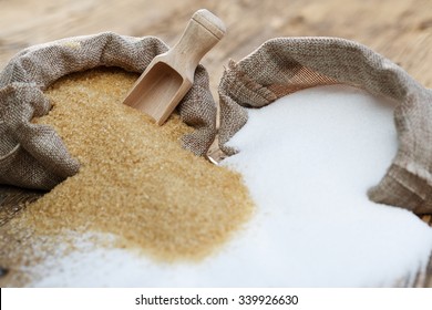 Various types of sugar, brown sugar and white 