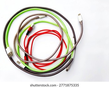 various USB data and charging cables in multiple styles and colors
