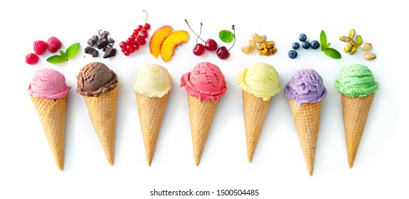 Various Varieties Of Ice Cream In Cones With Mint, Blueberry, Strawberry, Pistachio, Cherry And Chocolate Isolated On White Background