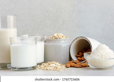 Various Vegan Plant Based Milk With Ingredients