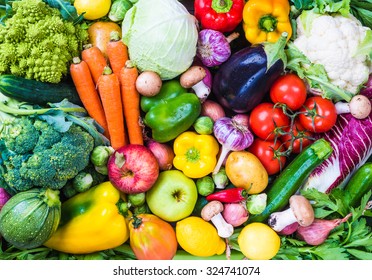 Various vegetables and fruits healthy background.Organic food healthy eating concept.