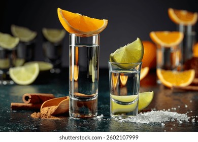 Various ways of using tequila. Tequila with lime and salt and tequila with orange and cinnamon.