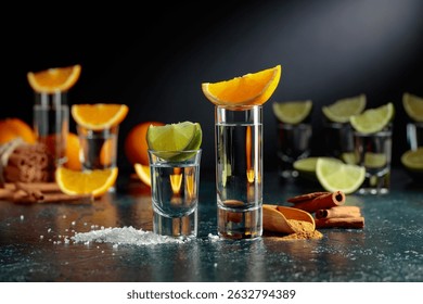 Various ways of using tequila. Tequila with lime and salt and tequila with orange and cinnamon.