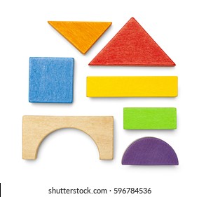 Various Wood Toy Block Pieces And Shapes Isolated On White Background.